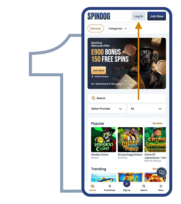 Spin Dog Casino log in: step 1